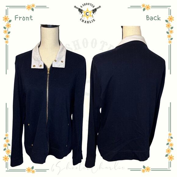 LAUREN by RALPH LAUREN Navy Sweater Full Zip Large Collar Cotton Size XL - Picture 1 of 6